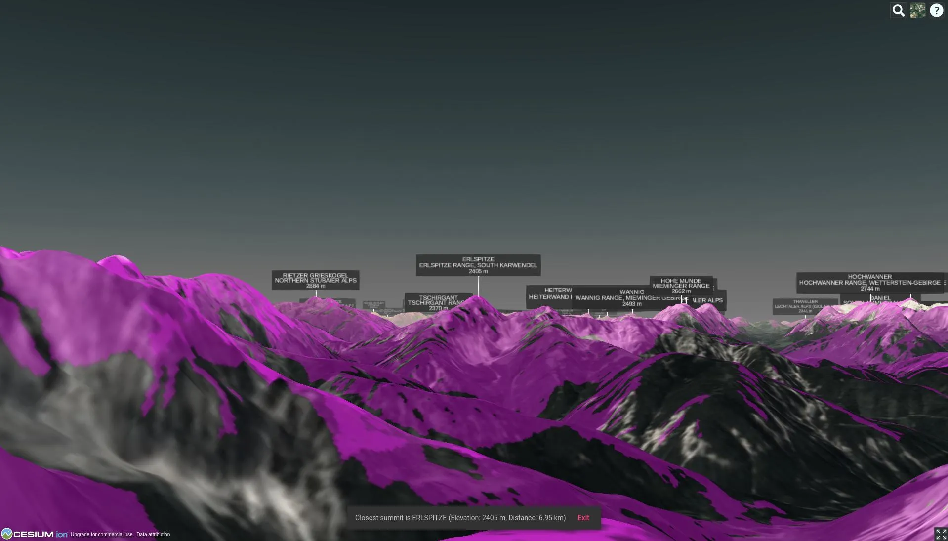 Navigating between summit viewpoints — the app rendering the terrain from different peaks so users can compare what each summit sees