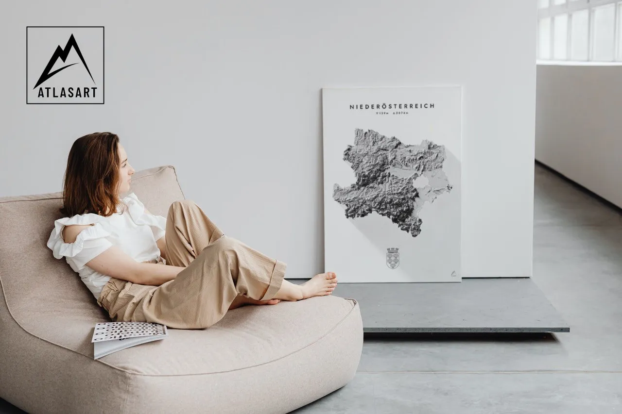 Atlas Art regional print of Lower Austria (Niederösterreich) — 3D relief of the region's terrain