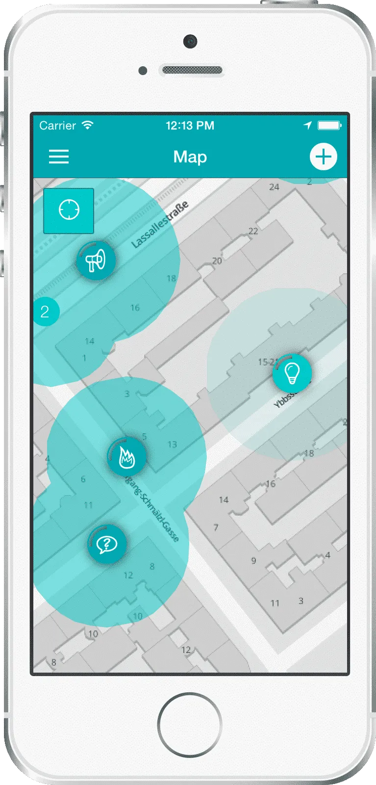Community Circles map screen — geo-referenced contributions displayed as coloured impact areas layered over a city map
