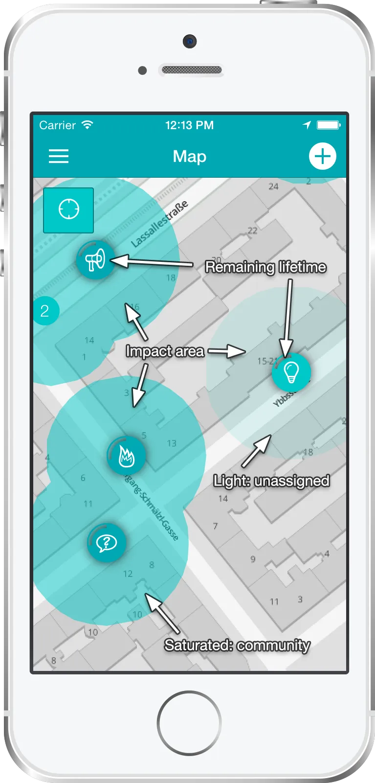 Community Circles map screen with geo-referenced contributions displayed as coloured impact areas layered over a city map