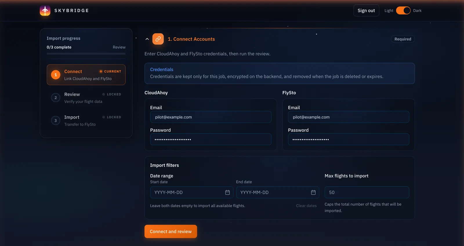 Skybridge Connect step — credential cards for CloudAhoy and Flysto with optional date range and flight-count filters, rendered in dark mode