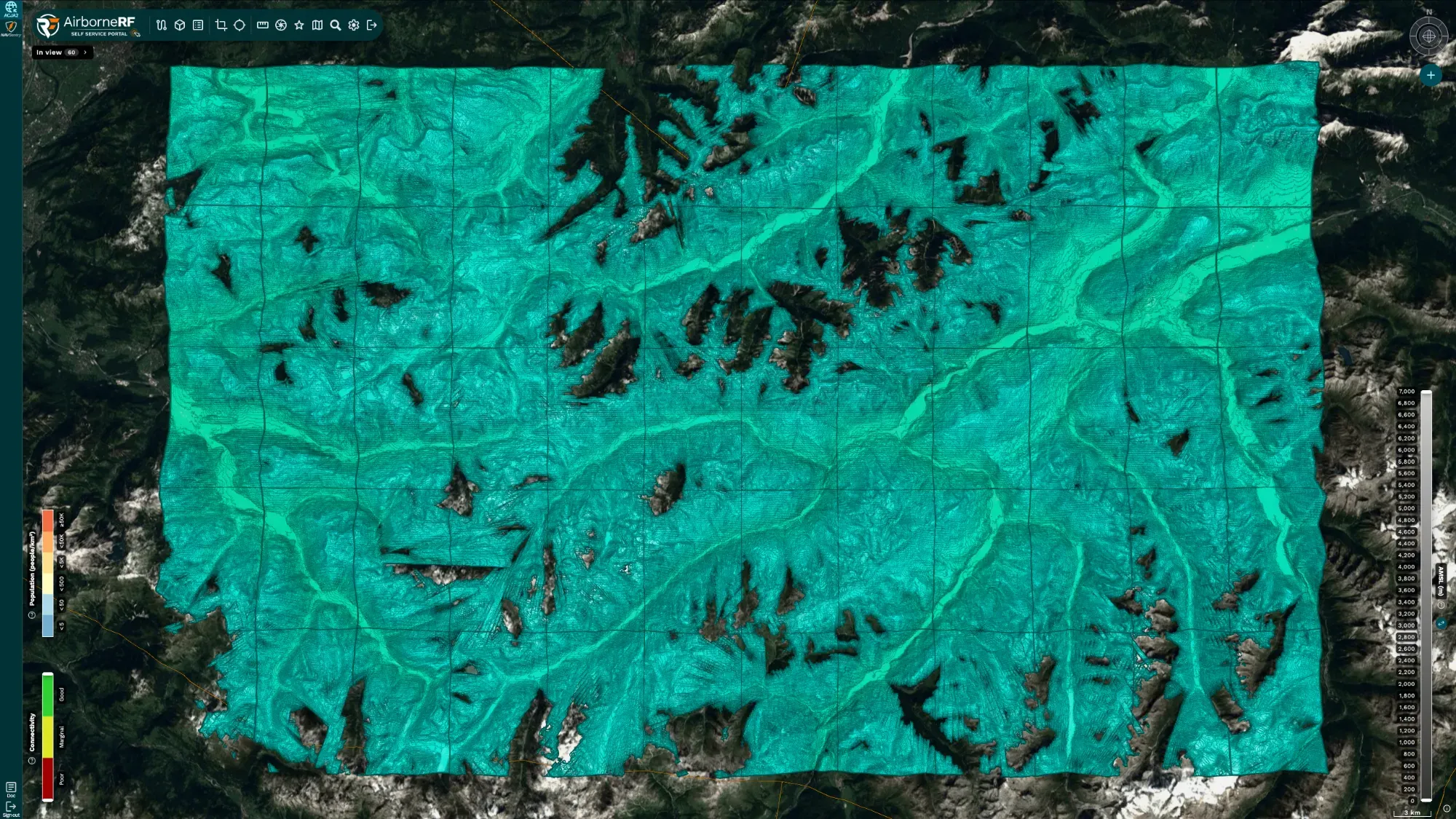 Top-down satellite view of a mountain region blanketed in a teal connectivity heatmap in the AirborneRF Self Service Portal, with population and connectivity legends and an altitude scale