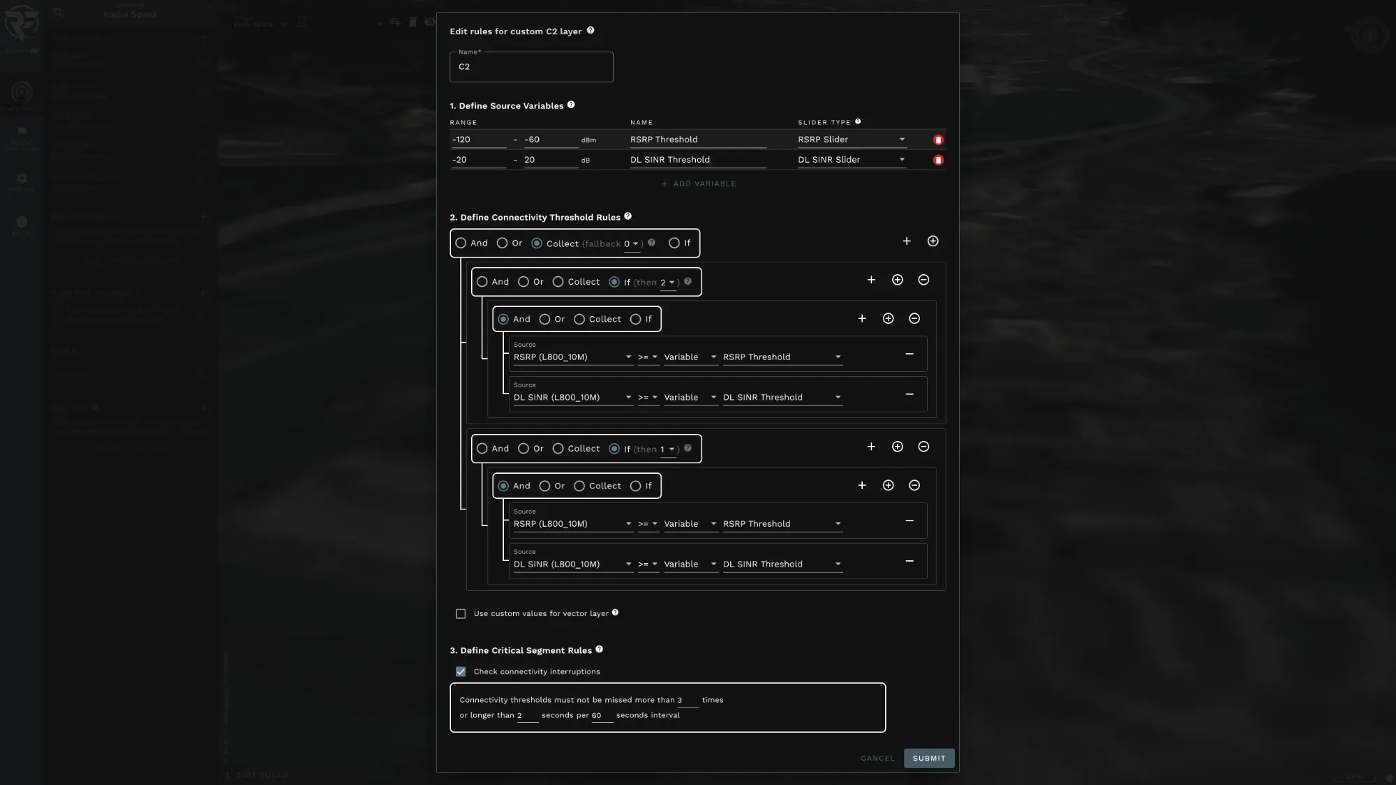 AirborneRF rule-engine dialog for a custom C2 layer, defining RSRP and downlink SINR threshold variables, nested And/Or/If connectivity rules, and critical-segment interruption limits