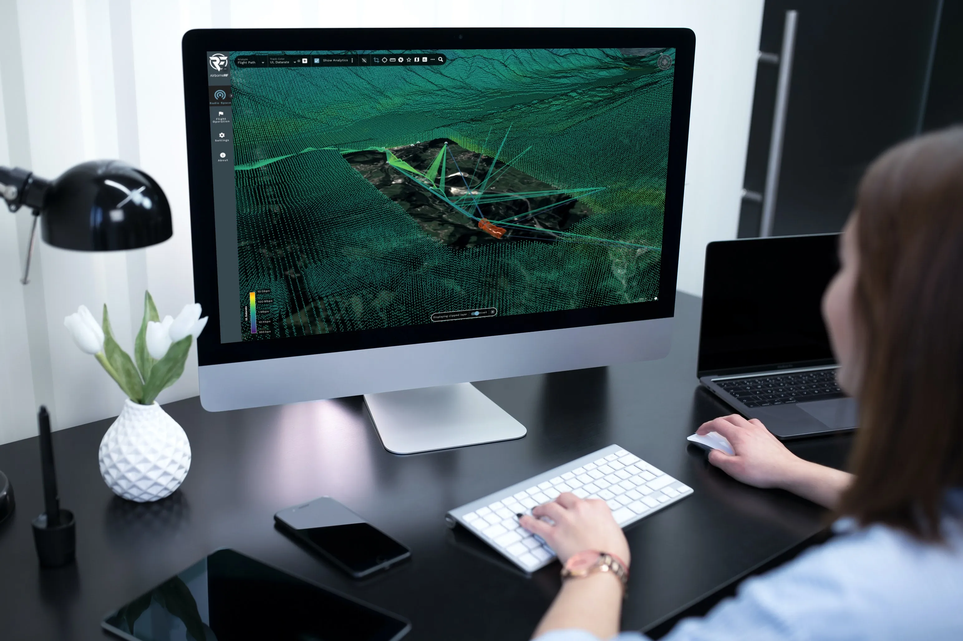 Drone connectivity 3D visualization app running on a desktop — CesiumJS 3D earth with flight path and point-cloud network indicators