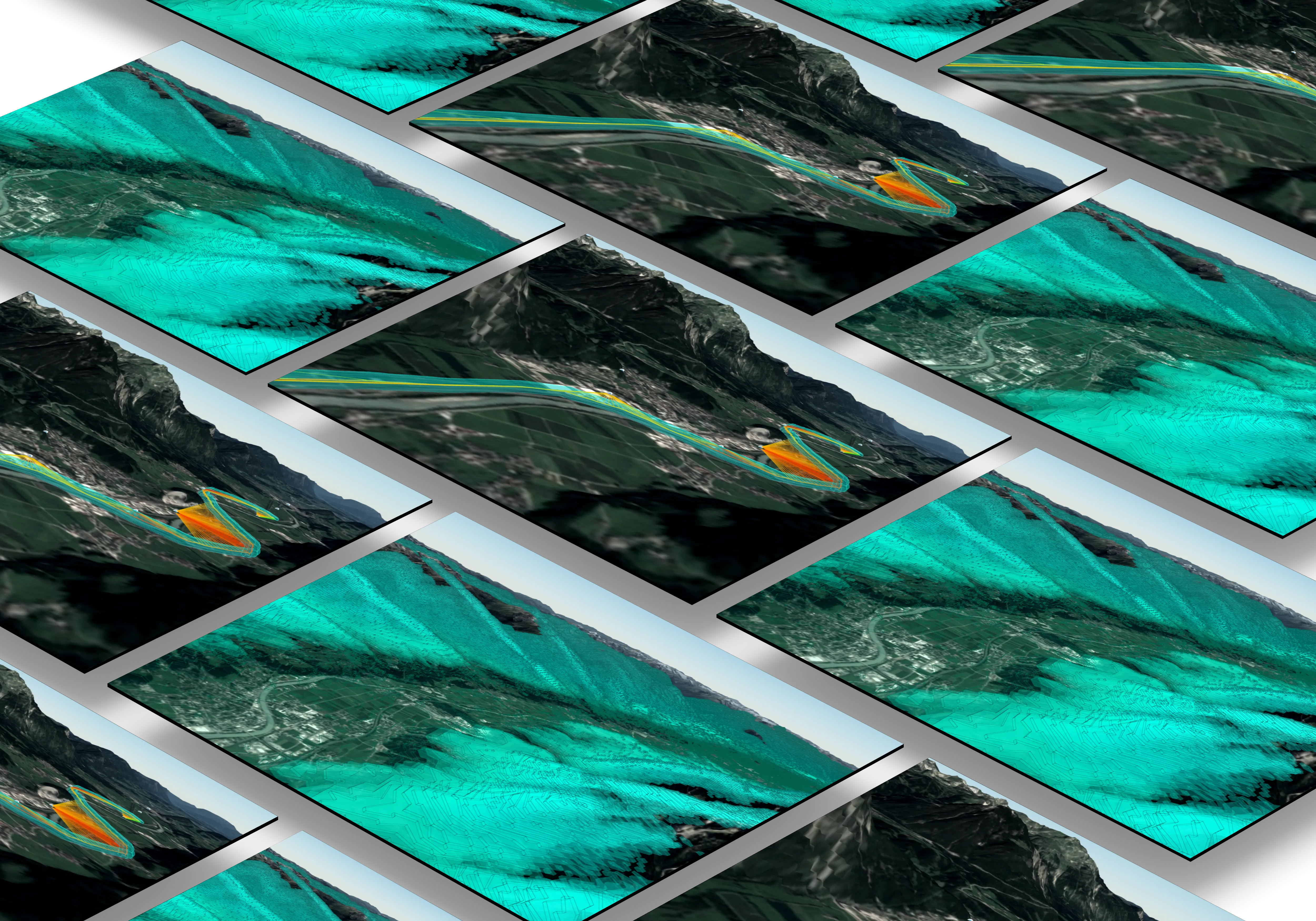 Composite view of the 3D viz app — safe flight corridor, serving cell connections, and flight-path analytics panel side by side