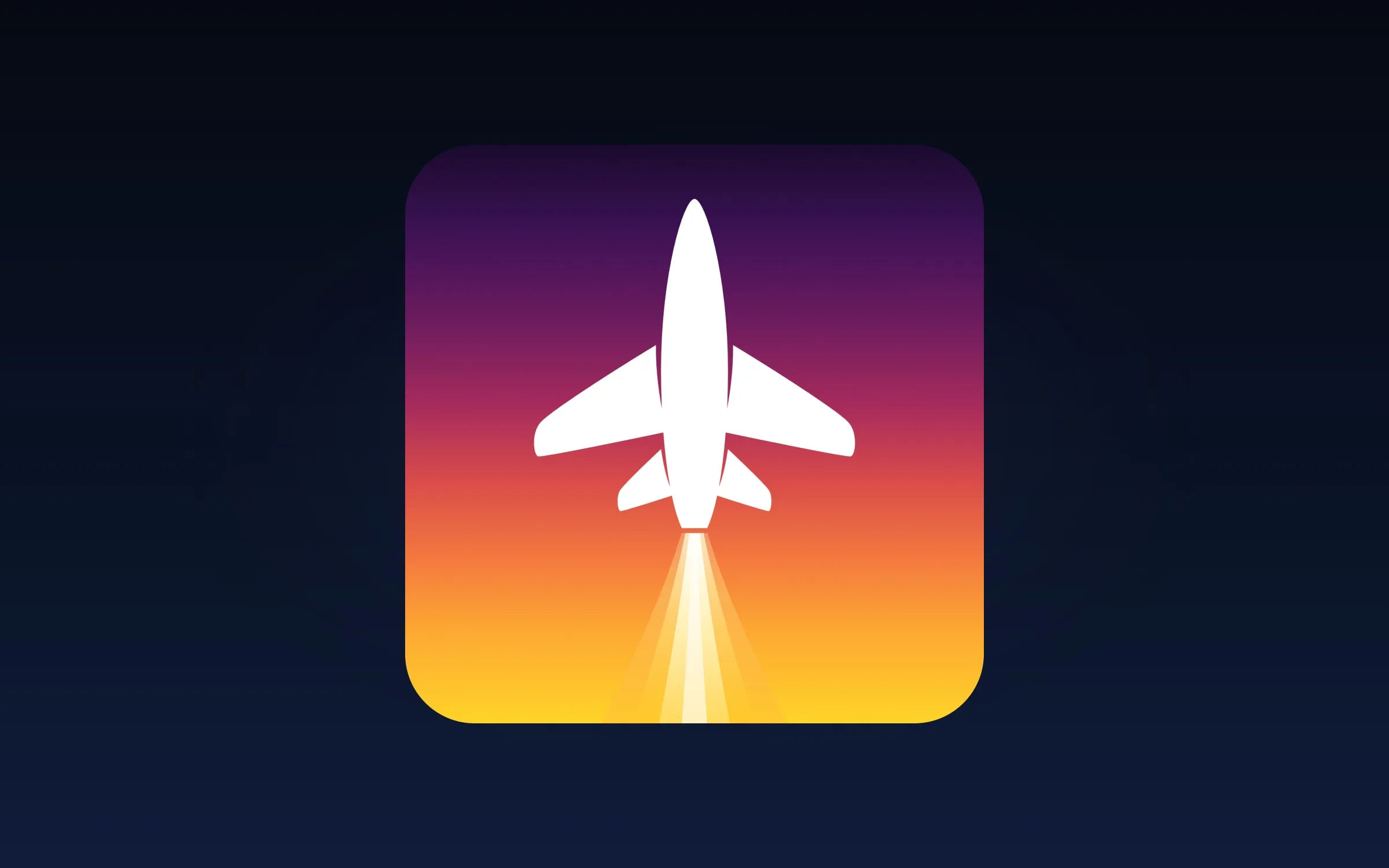 Skybridge logo set against a deep navy canvas, the mark's own purple-to-orange dawn gradient floating like a window onto a cockpit night view