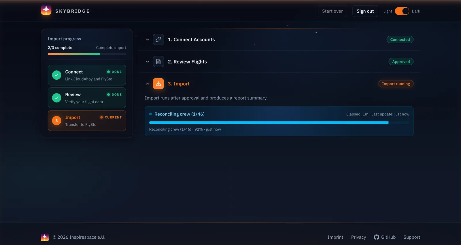 Skybridge Import step in progress — overall progress bar above a per-flight status log