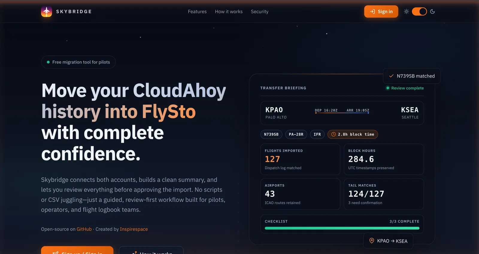 Skybridge marketing landing page in dark mode, with the headline 'Move your CloudAhoy history into FlySto with complete confidence' and a transfer briefing card showing flight statistics