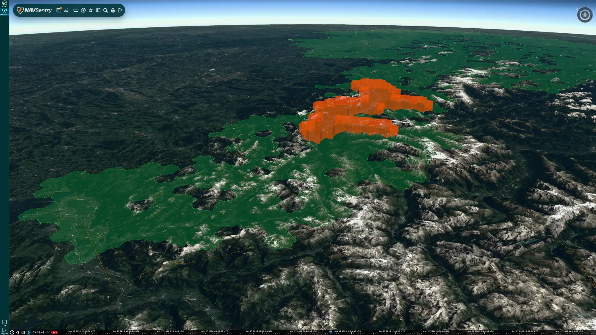 Oblique 3D view of alpine terrain with a large green zone of healthy GNSS reception and an orange cluster marking an area of degraded GNSS signal