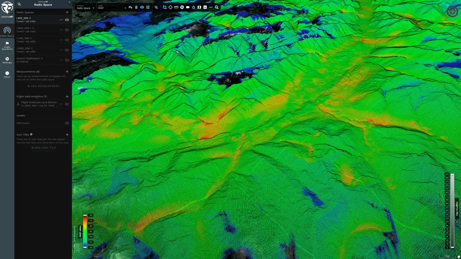 Oblique 3D terrain mesh shaded green to red by predicted RSRP signal power across alpine valleys, with a Radio Space panel listing tuned 4G layers and an RSRP legend