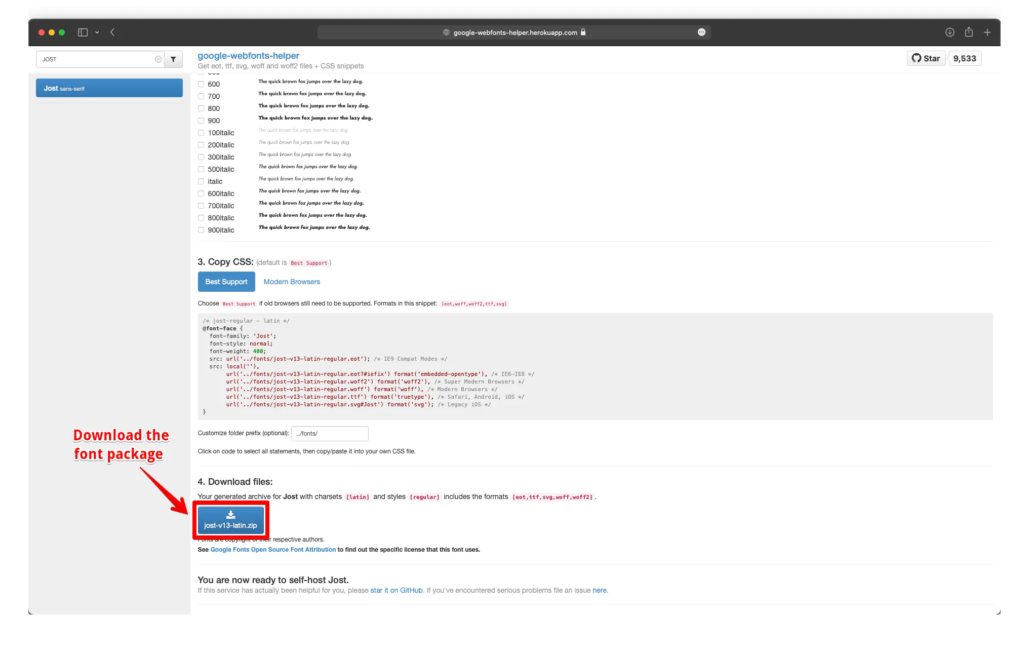 Google Fonts Helper website, the interface for downloading a locally-hostable version of a Google Font, with weight selectors and CSS preview
