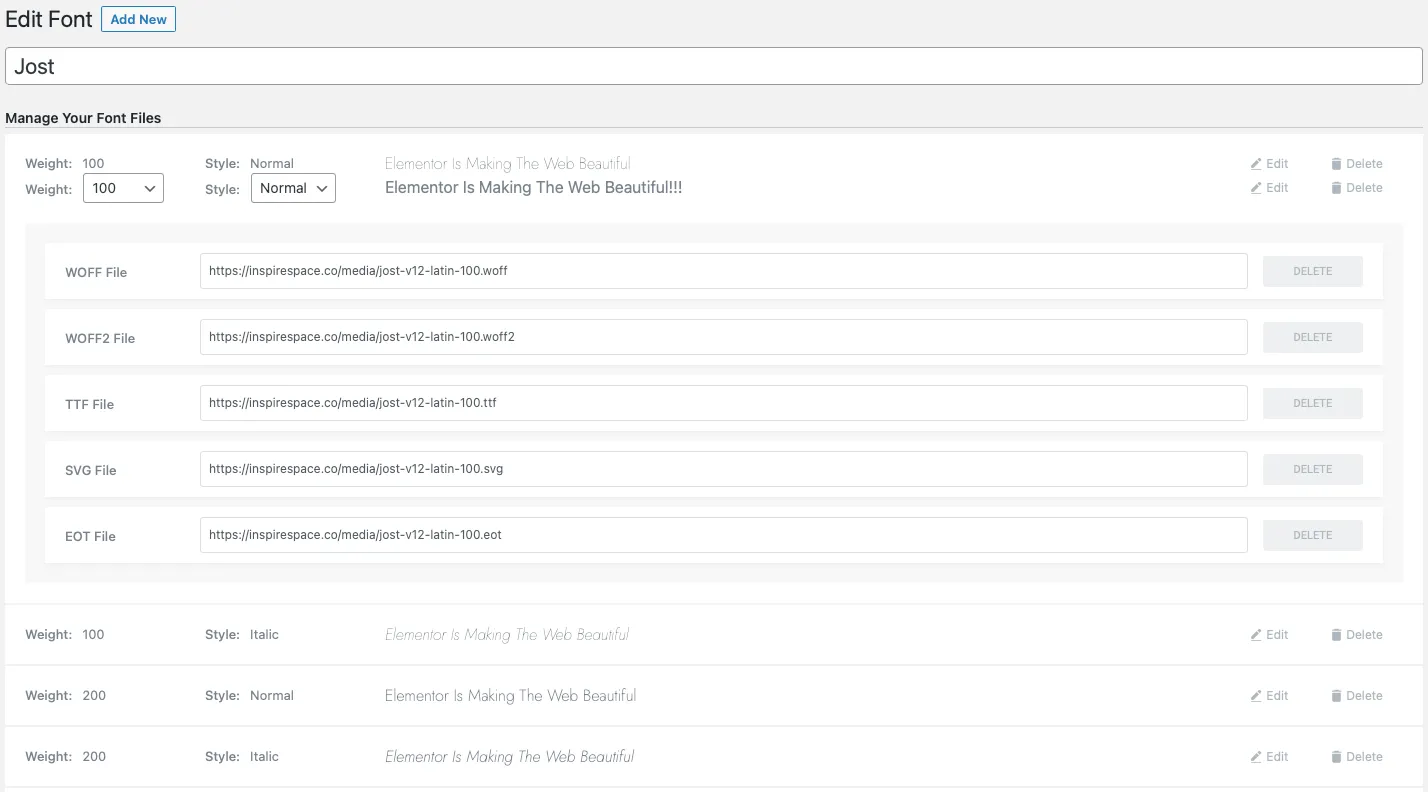 Elementor Pro Custom Fonts admin screen in WordPress — Jost font being uploaded with weight-specific WOFF2 files