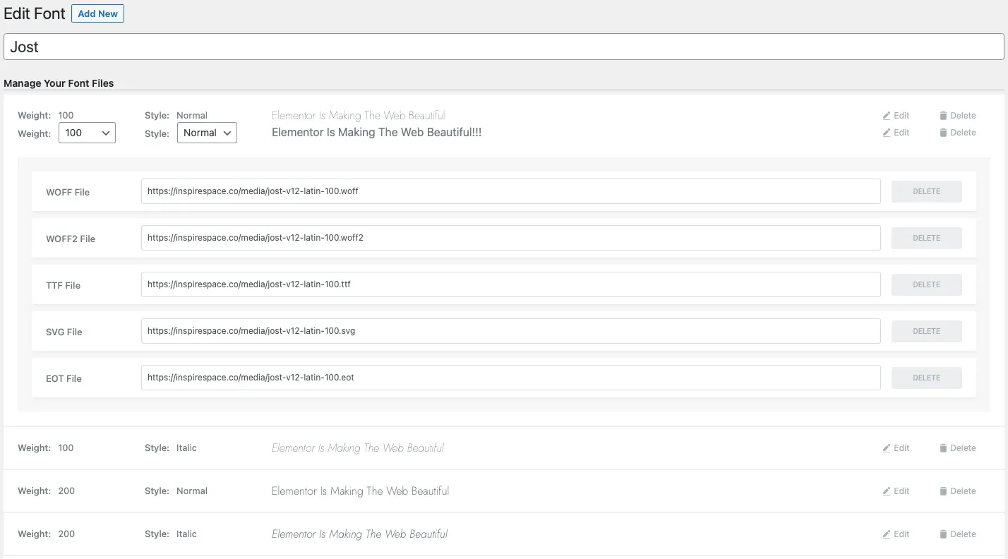 Elementor Pro Custom Fonts admin screen in WordPress, showing the Jost font being uploaded with weight-specific WOFF2 files