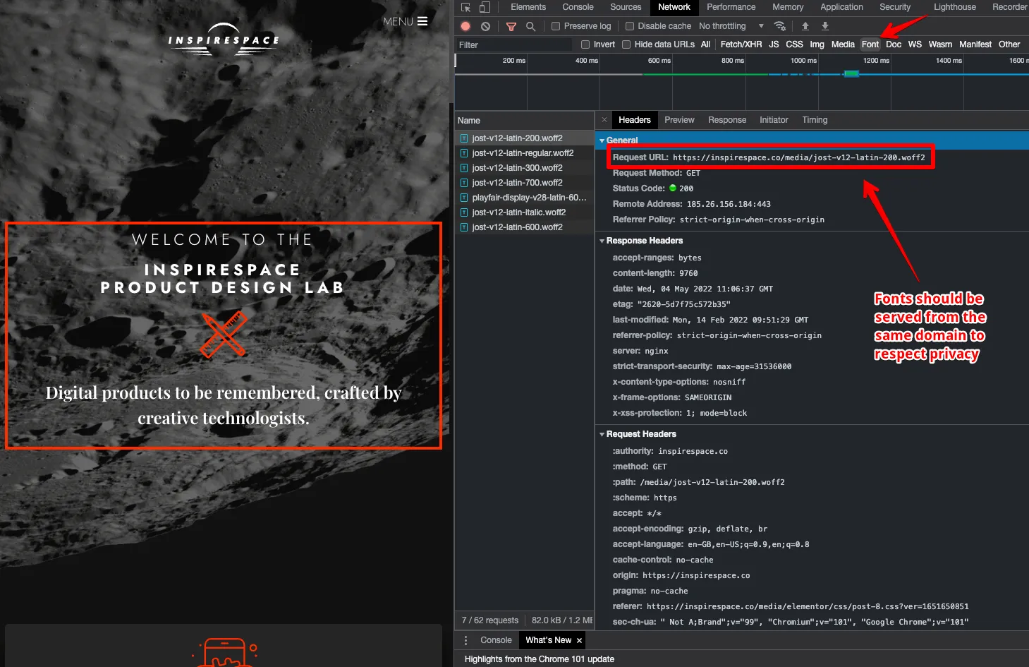 Chrome DevTools Network tab filtered by Font — every font request now served from the site's own origin, confirming Google Fonts are no longer loaded externally