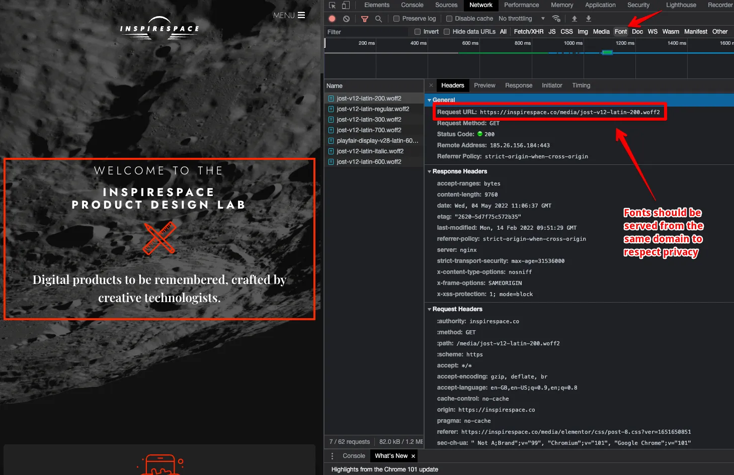 Chrome DevTools Network tab filtered by Font, showing every font request now served from the site's own origin, confirming Google Fonts are no longer loaded externally